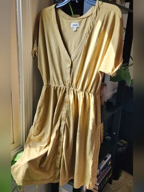 Pact Yellow/Green Button-Front V-Neck Dress